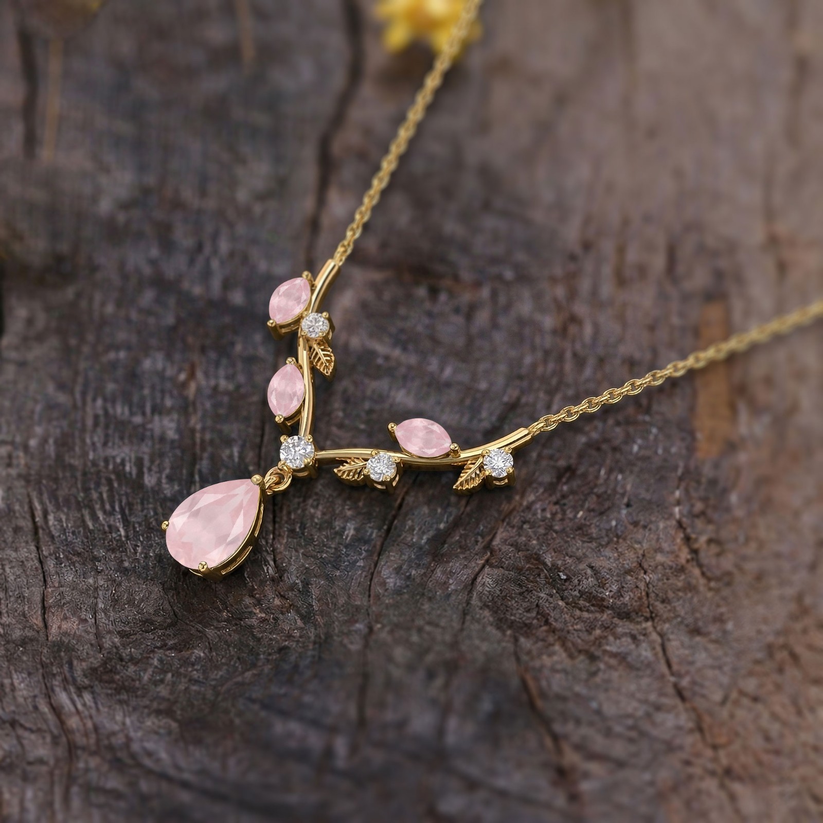 Rose Quartz Necklace for Women, Gold Cluster Necklace, V-Shape Drop Pendant,