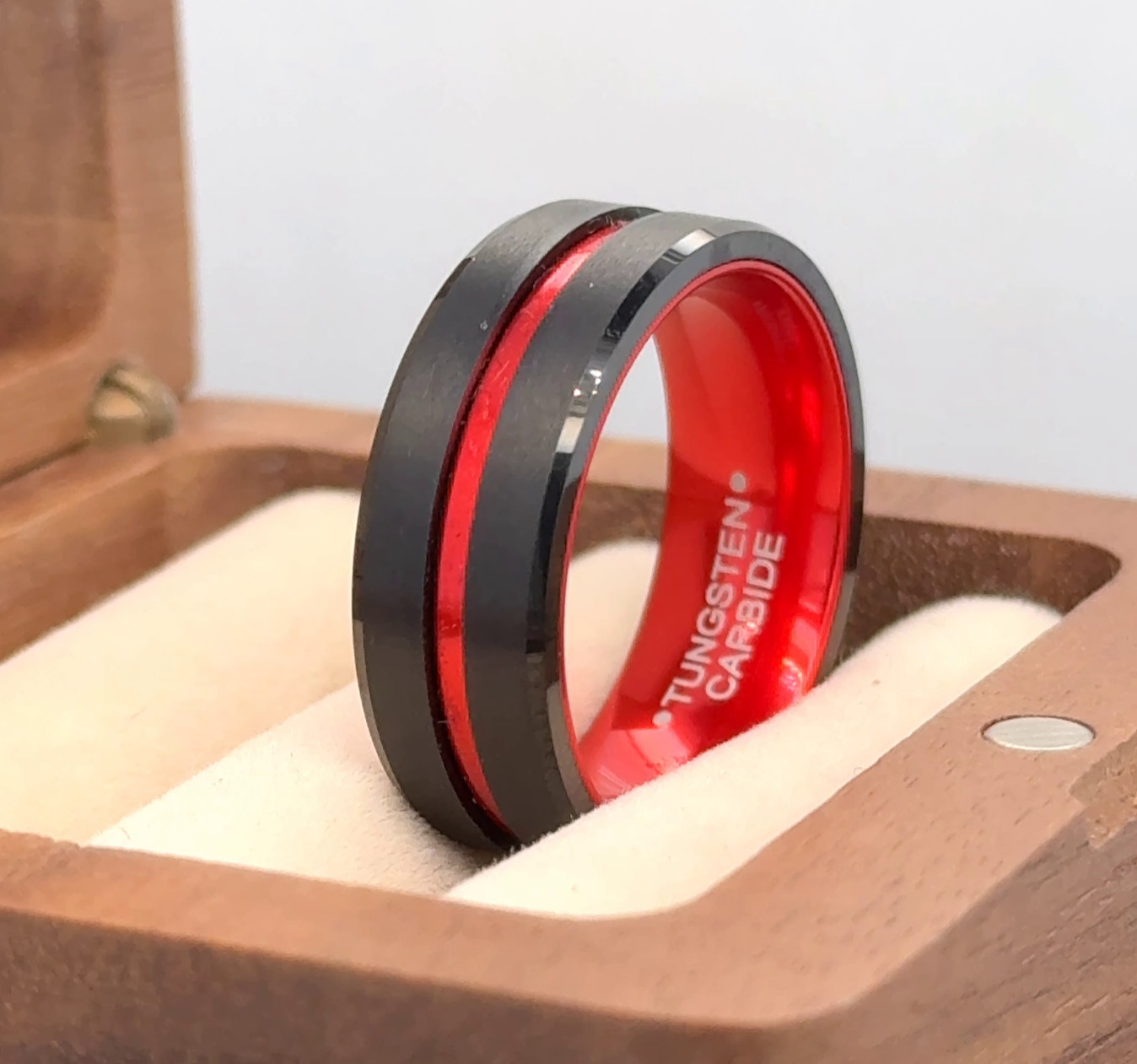 Red & Black Tungsten Band Groove Brushed Polished Ring Future Wife Ring