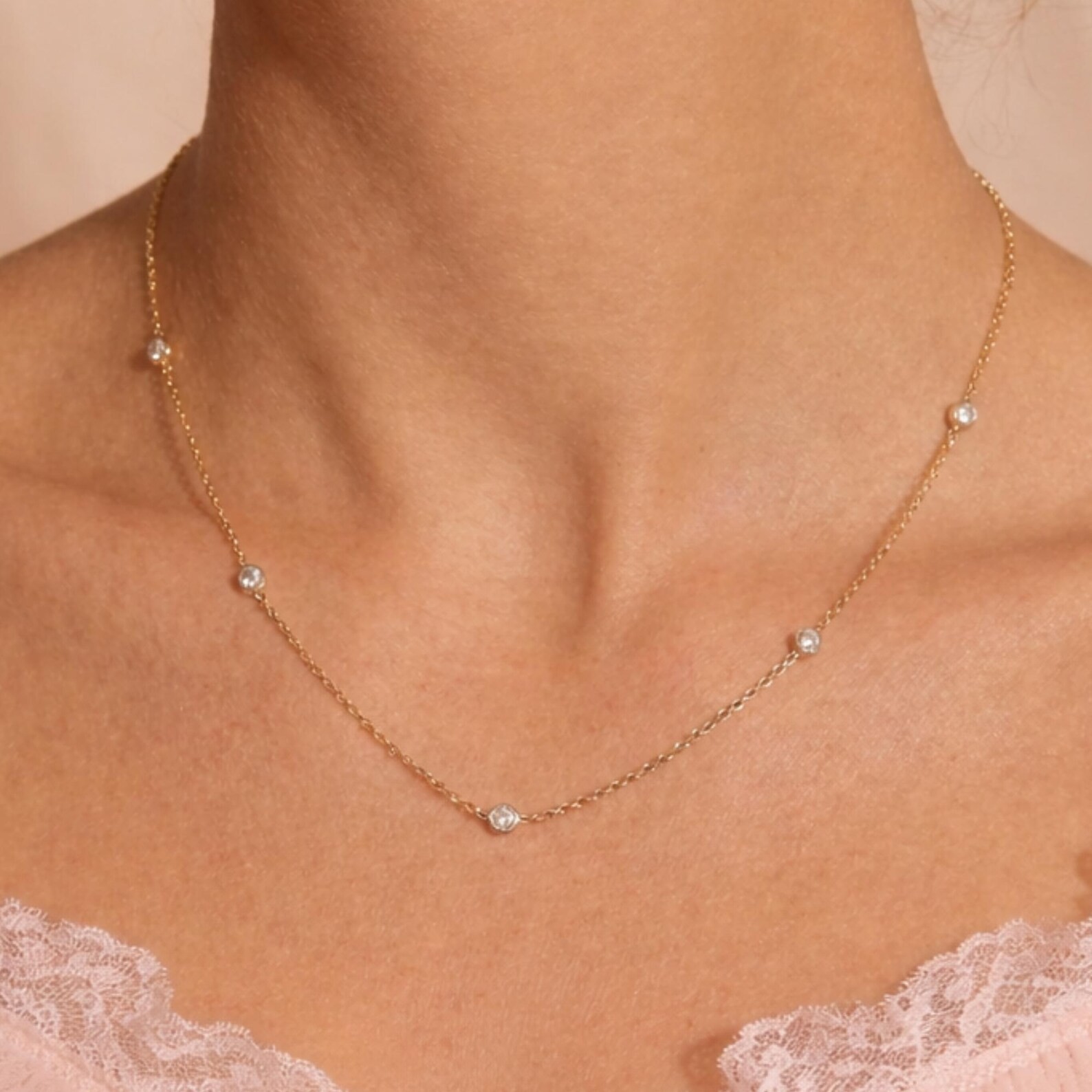 18″ Station Necklace Chain For Wife Round Cut Natural Diamond 14k Yellow Gold