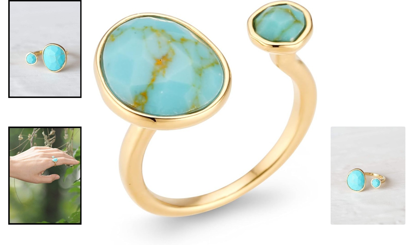 Elegant Simulated Turquoise Ring in 14K Gold-Plated Brass – Adjustable Size 6-8