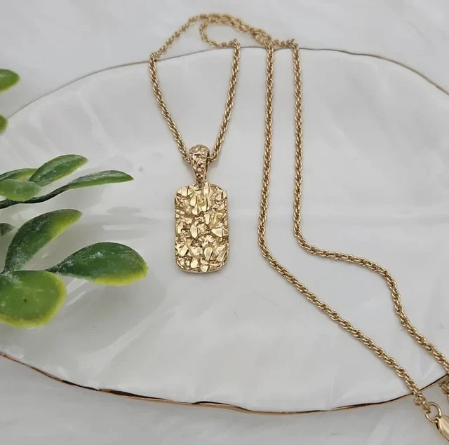 Men’s 14K Yellow Gold Plated Nugget Small Dog Tag Pendant 24″ Chain Necklace