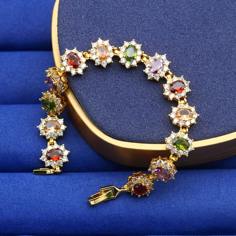 9.00 Ctw Oval Cut Lab-Created Multicolor Halo Bracelet 14K Yellow Gold Plated