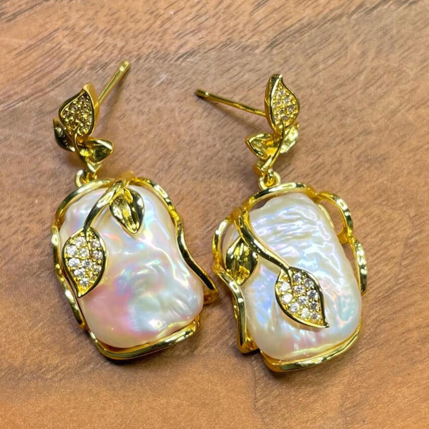 South Sea White Baroque Keshi Pearl Gold Hook Earrings+Ring+Pendant Necklace Set