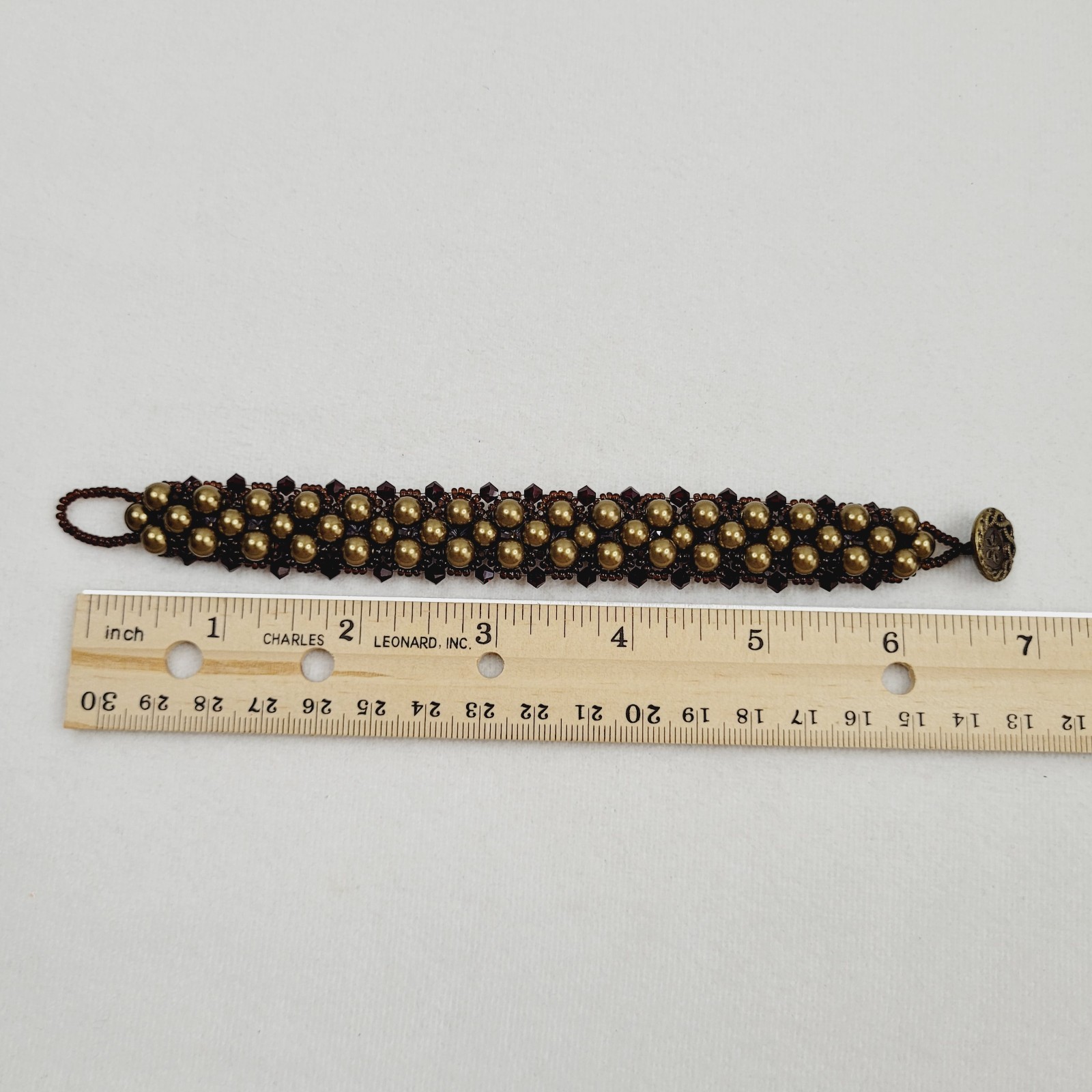 Purple Dark Red Gold Bead Woven Lace Bracelet Toggle Closure Reversible 7″ Long
