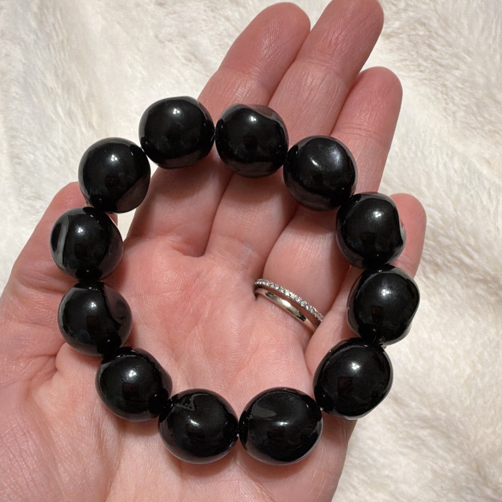 Black Round Beaded Stretch Bracelet, No Clasp, Sizable, Beaded Bracelet