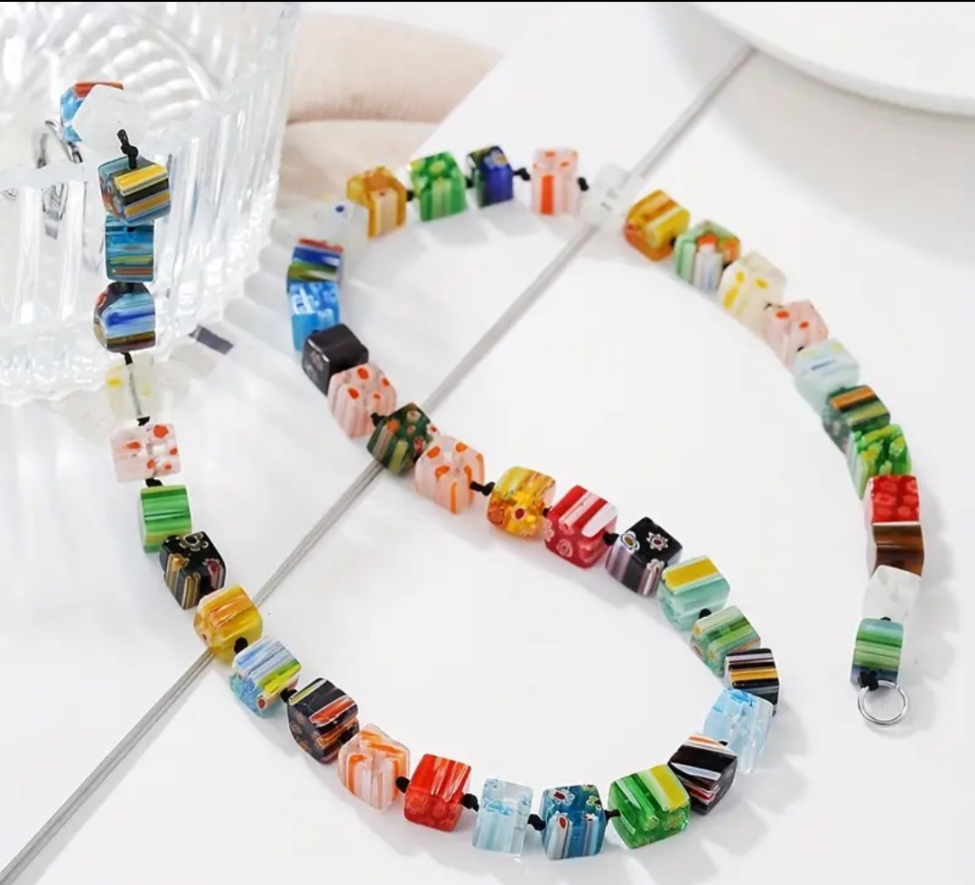 Murano Style Multicolor Thousand Flower Glass Cube Beaded Necklace (21.65in)