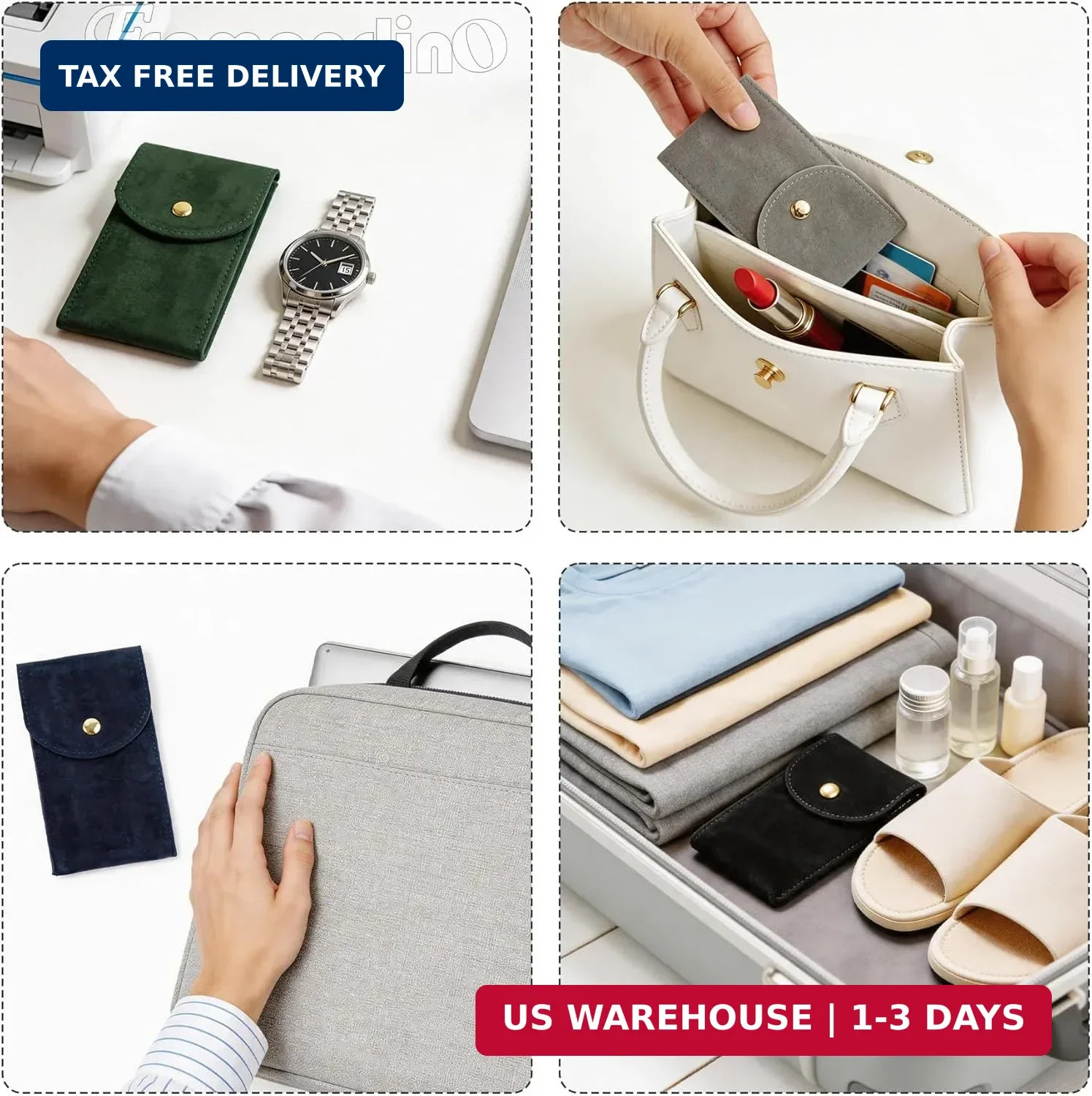 Framendino, 4 Pack Velvet Watch Pouch with Snap Button Single Portable Travel Ca