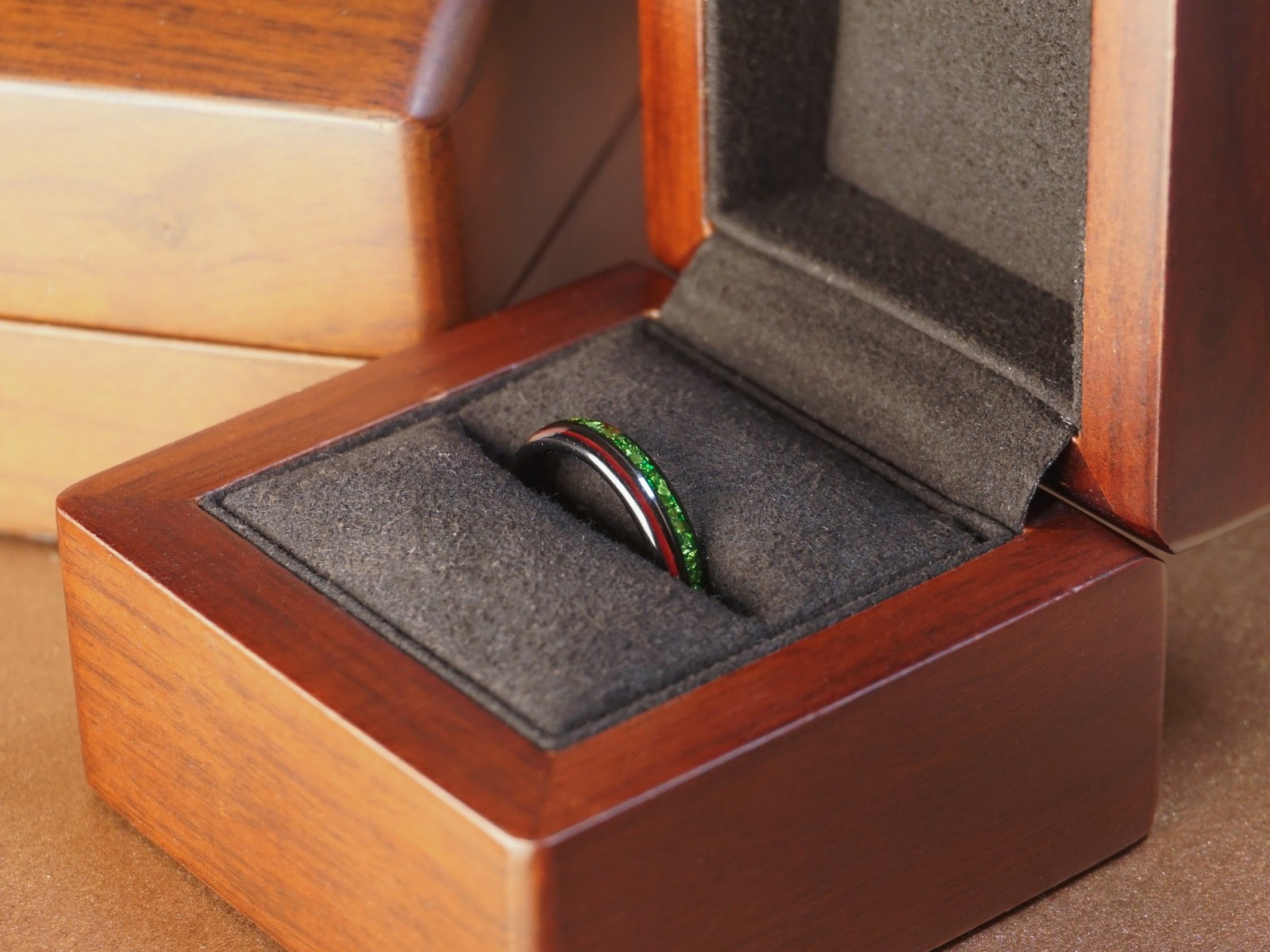 Black Redwood Emerald Ring, Sequoia Wood and Green Lab Created Emerald Inlays