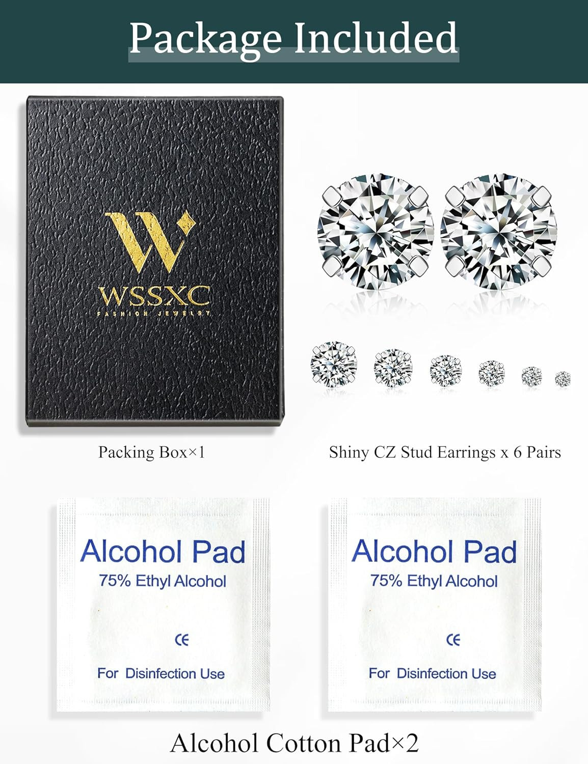 6 Pairs Stud Earrings Set, Hypoallergenic Cubic Zirconia 316L Earrings Stainless
