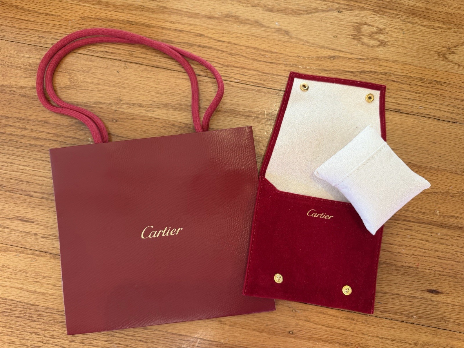 Cartier Authentic Red Jewelry Bracelet Travel Pouch and Shopping Bag Set