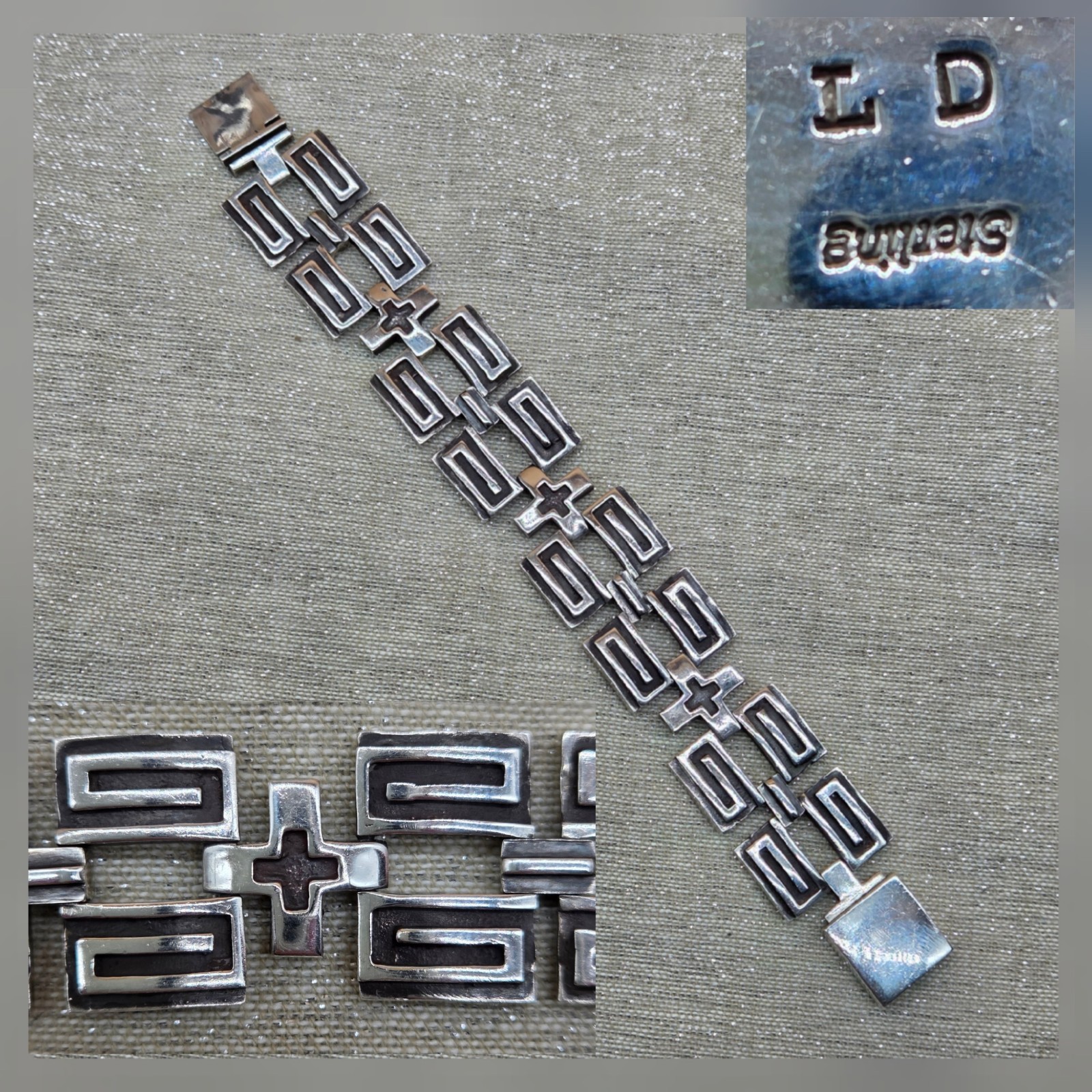 Vtg Lowell Draper Navajo Native American Sterling Silver Cross Link Bracelet 81g