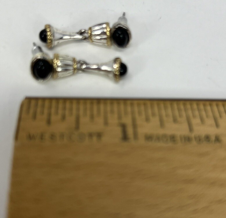 Earrings Gold, Silver And Black Stone Fashion Dangle 1” Vintage READ