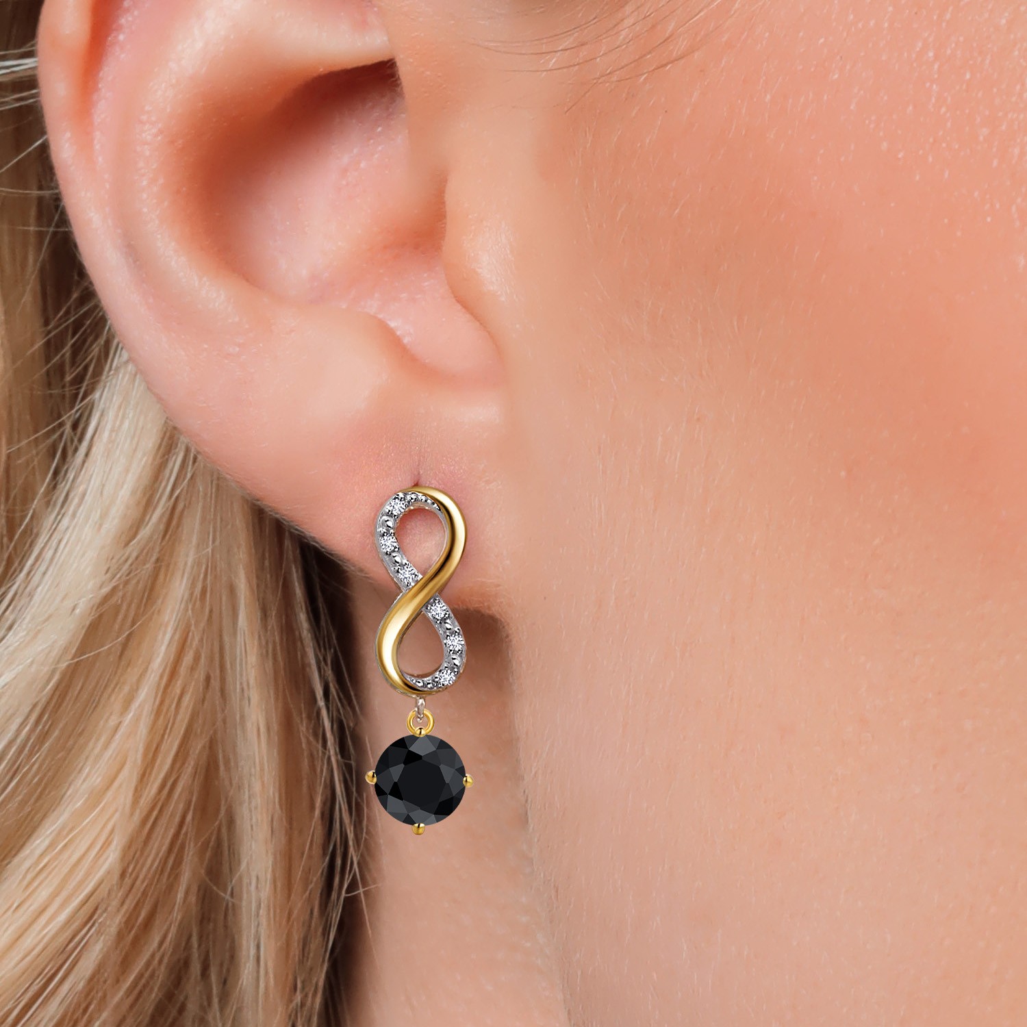 925 Silver and 10K Yellow Gold Black Sapphire and Lab Grown Diamond Dangle