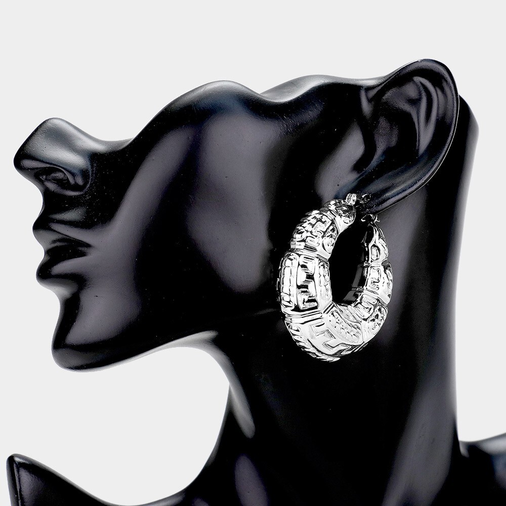 NEW MEDIUM GREEK KEY ROUND HOOP EARRINGS SILVER 1.8 INCH LIGHT WEIGHT