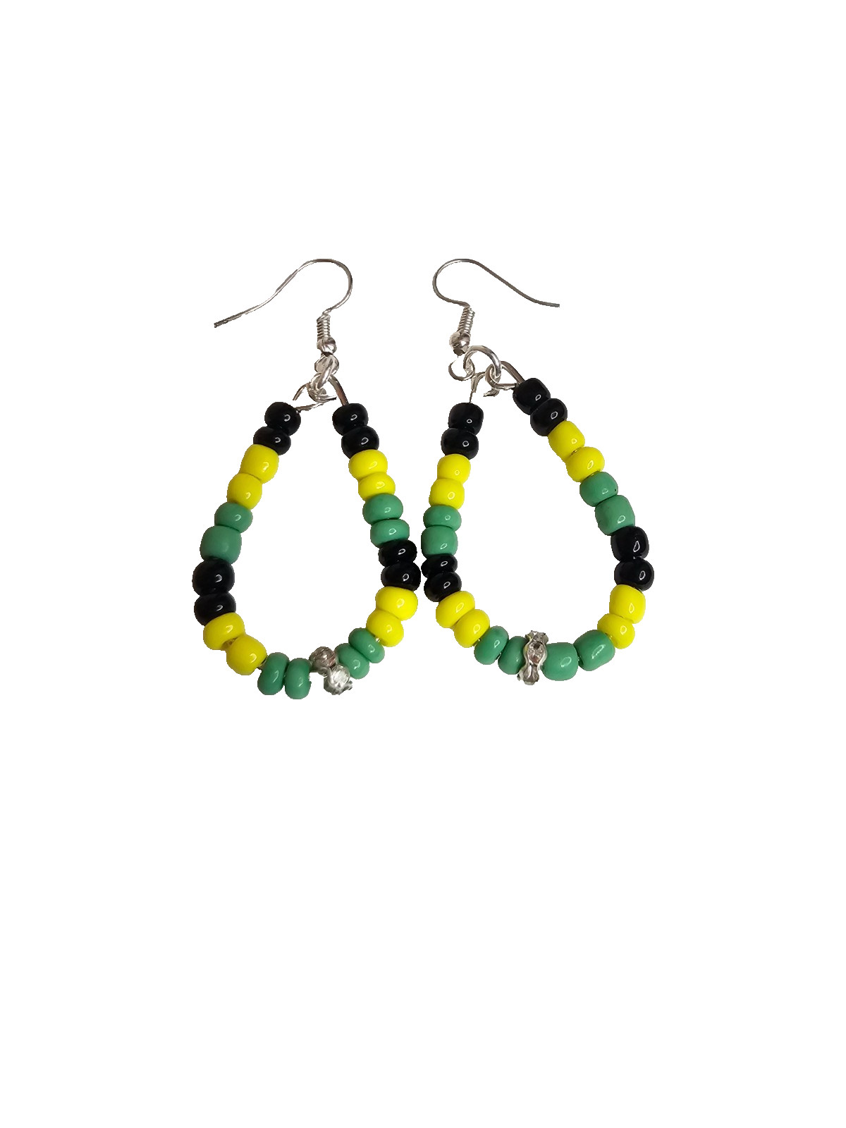 Jamaica Flag Insp Green Black Yellow Seed Beaded Loop Earrings