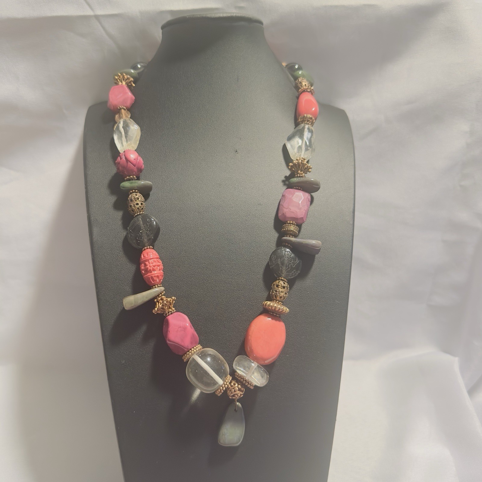 Chunky Statement Beaded Necklace Pink Purples Clear Multi Shape Acrylic Smooth