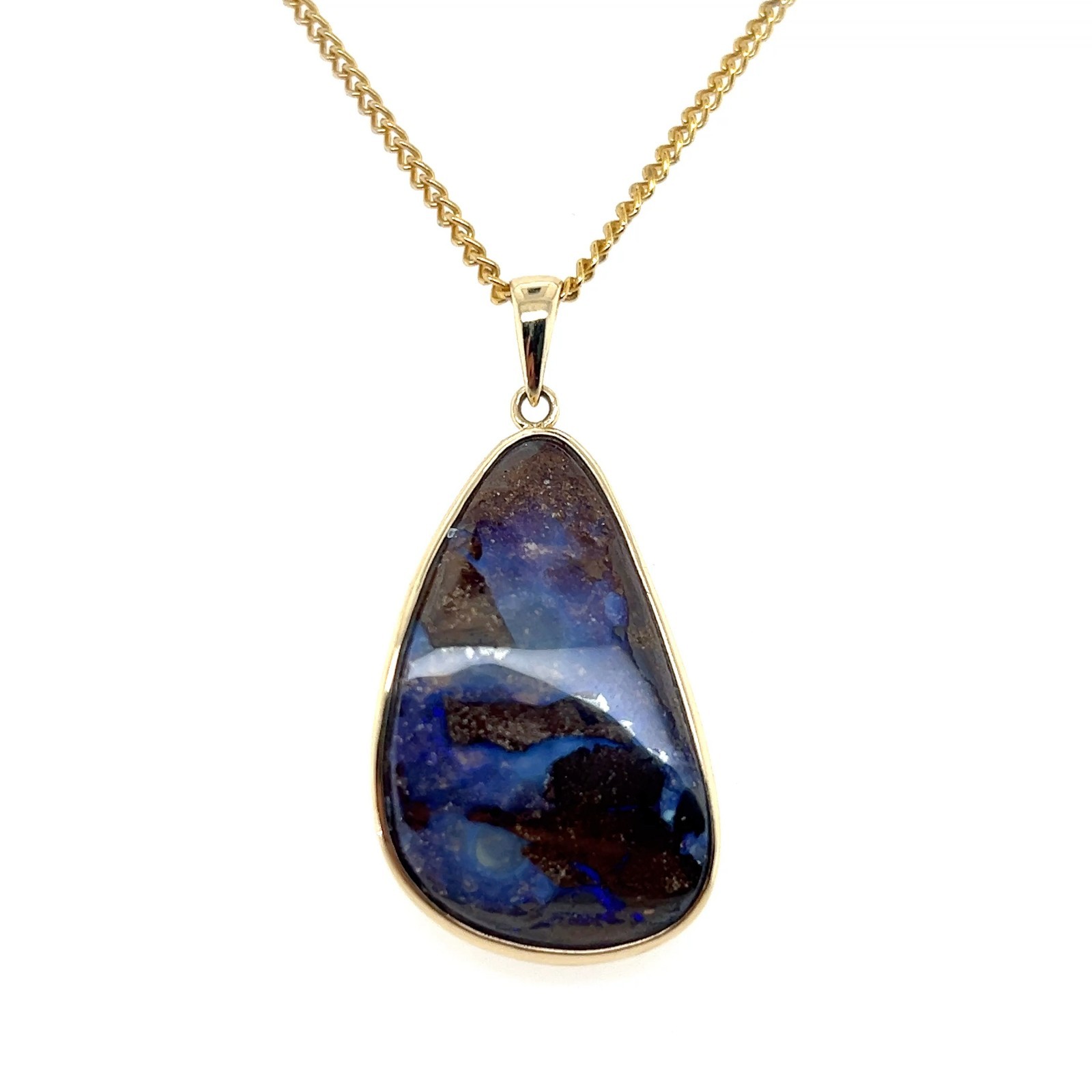 Contemporary 14 Karat Yellow Gold Freeform Oval Blue and Brown Opal Pendant
