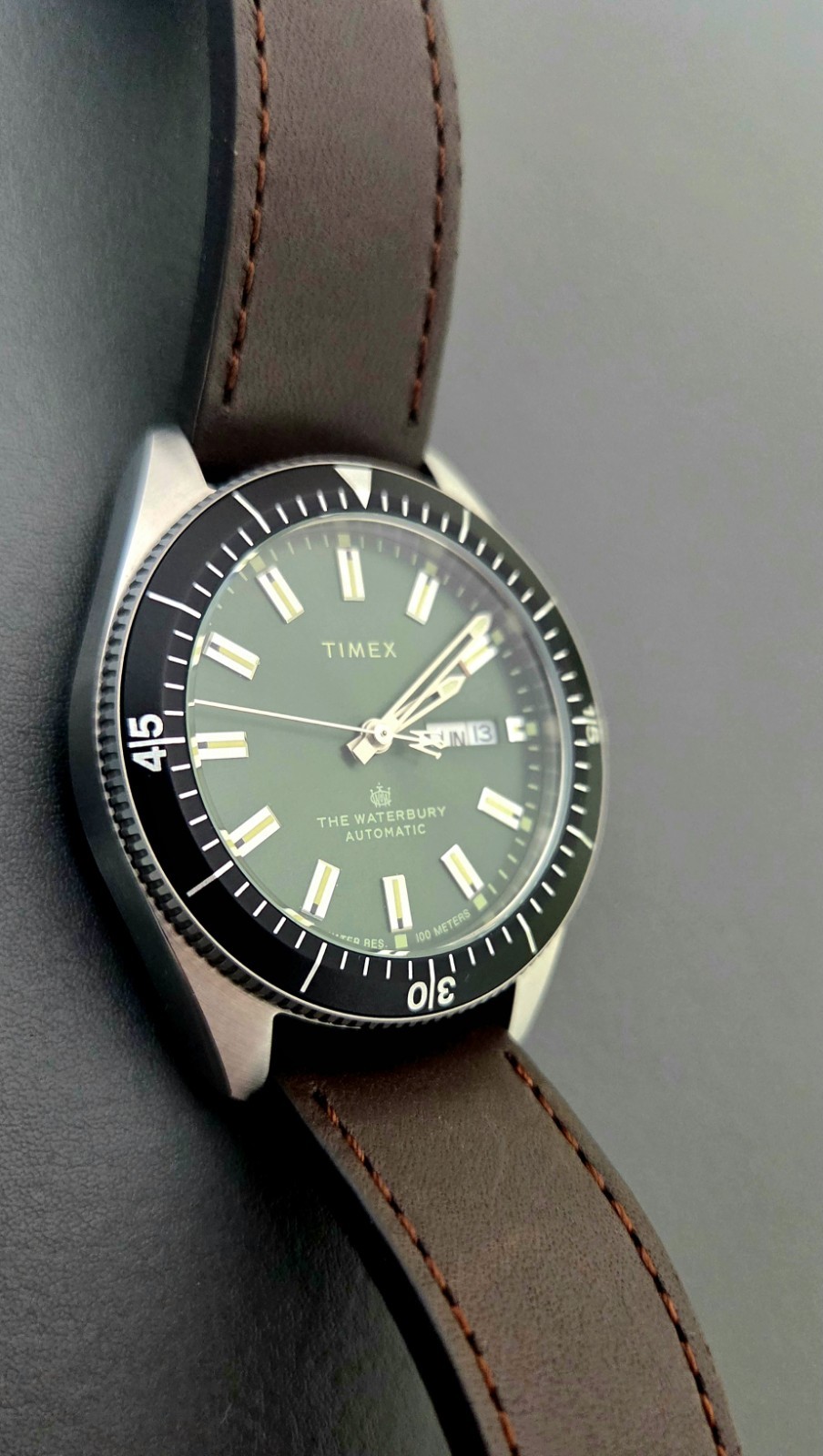 Timex Waterbury Automatic 40mm Green Dial Brown Leather Strap TW2V24700