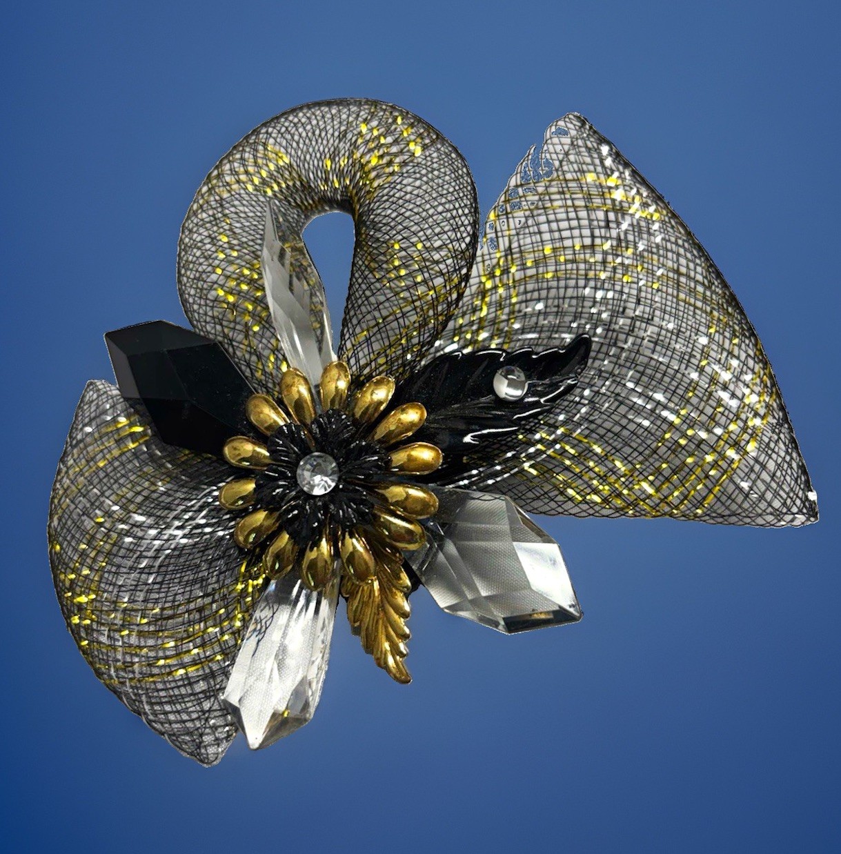 Black Gold Silver Mesh Bow Brooch Pin w/ Clear Baguette Crystal, 3.5 in