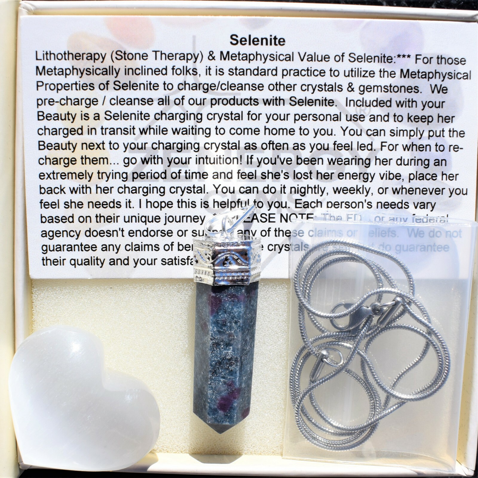 CHARGED Himalayan Blue Kyanite / Ruby Point Pendant + 20″ Stainless Steel Chain