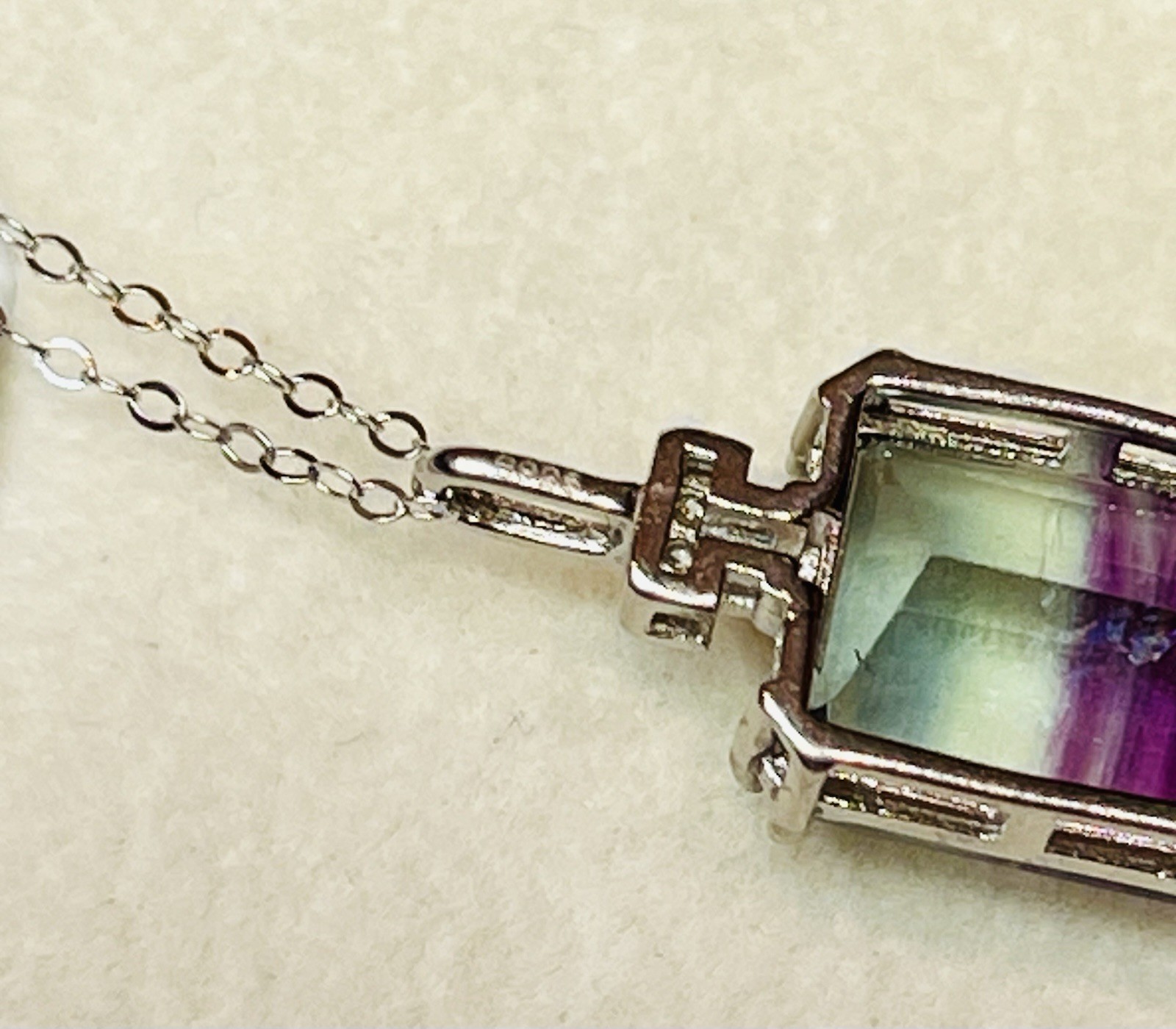925 Sterling Silver Emerald Cut Natural Rainbow Fluorite Pendant Necklace