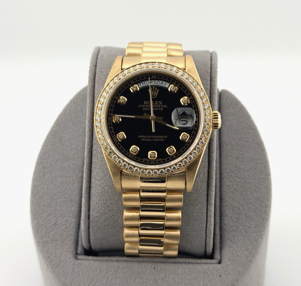 Rolex Day Date President 18038 36mm Quickset Black Diamond Dial & Bezel 18K Gold