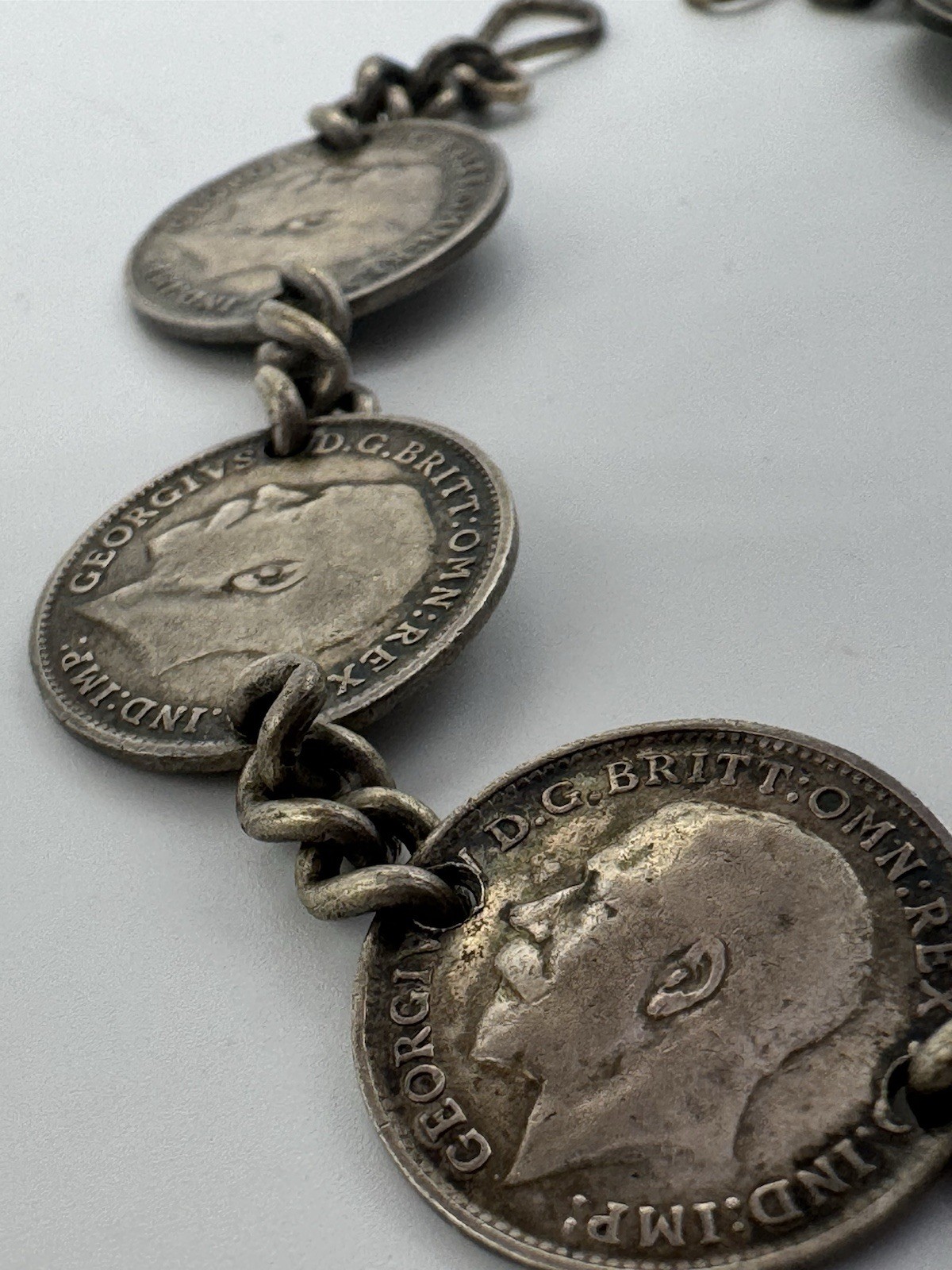 Antiqued GREAT BRITAIN QUEEN VICTORIA GEORGE V Three Pence STERLING BRACELET 7