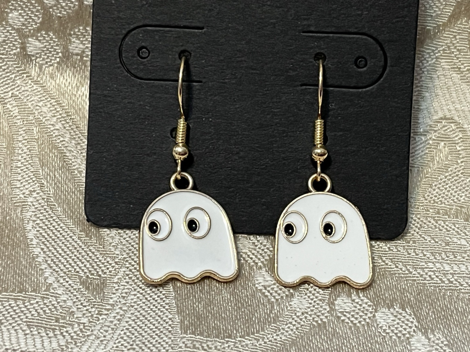 PAC Man DINKY White Ghost Gold Loop Enamel Drop Dangle Adorable Earring Set