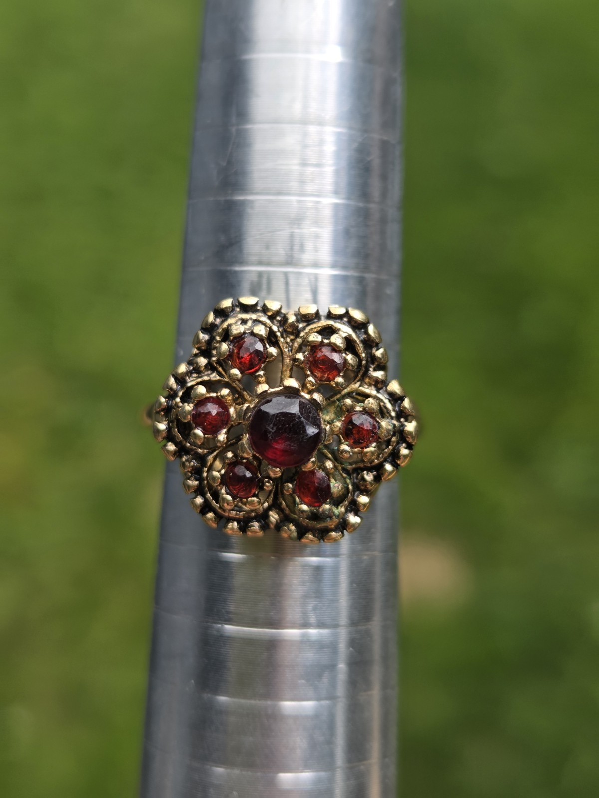 Vintage 14k Gold Filled Garnet Ring Flower Size 7.75 Witch Core Gothic Victorian