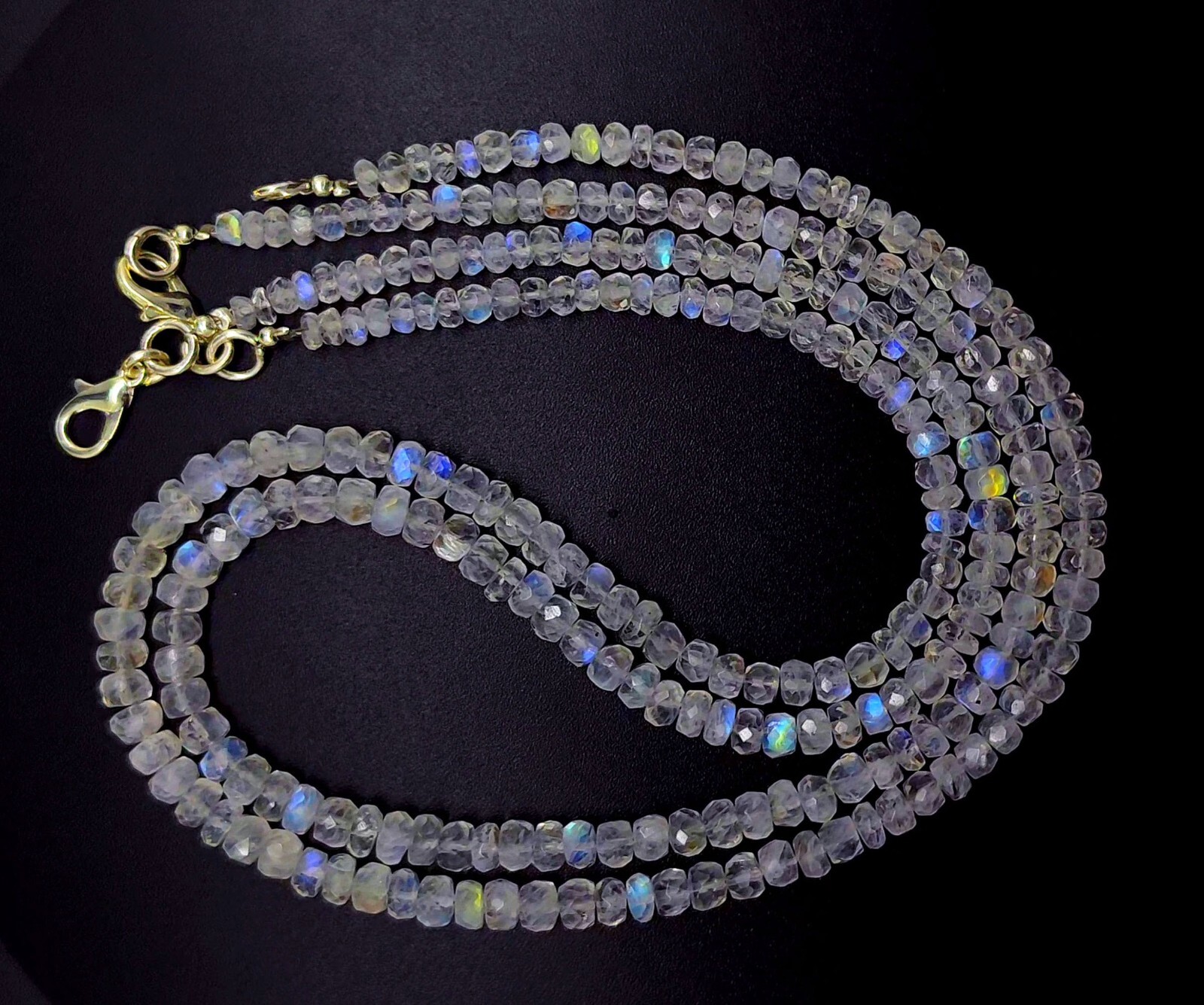 Natural Gem Blue Fire Rainbow Moonstone 4-5mm Faceted Rondelle Bead Necklace 16″
