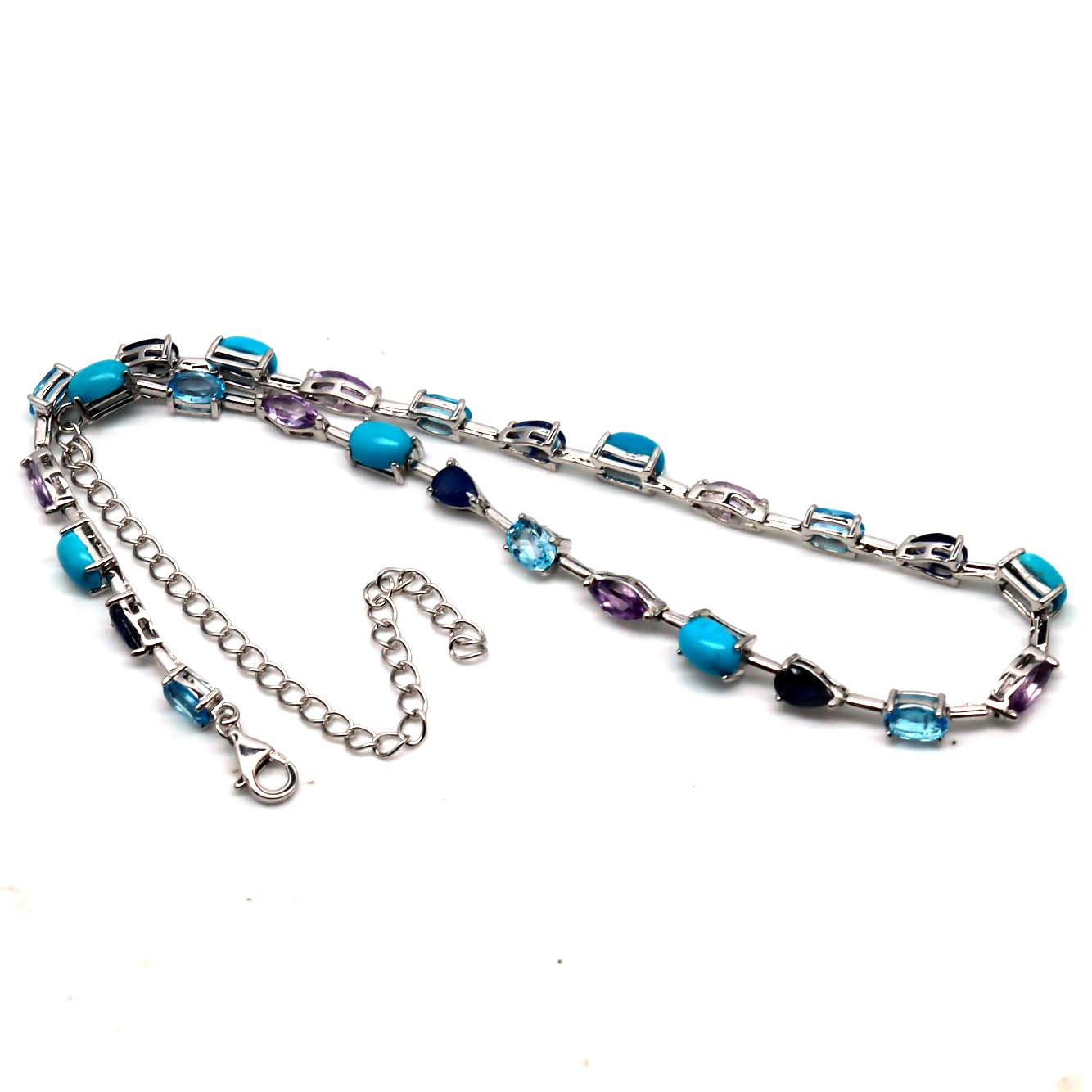 Natural Blue Turquoise Topaz Amethyst Sapphire Necklace 925 Sterling Silver 15in