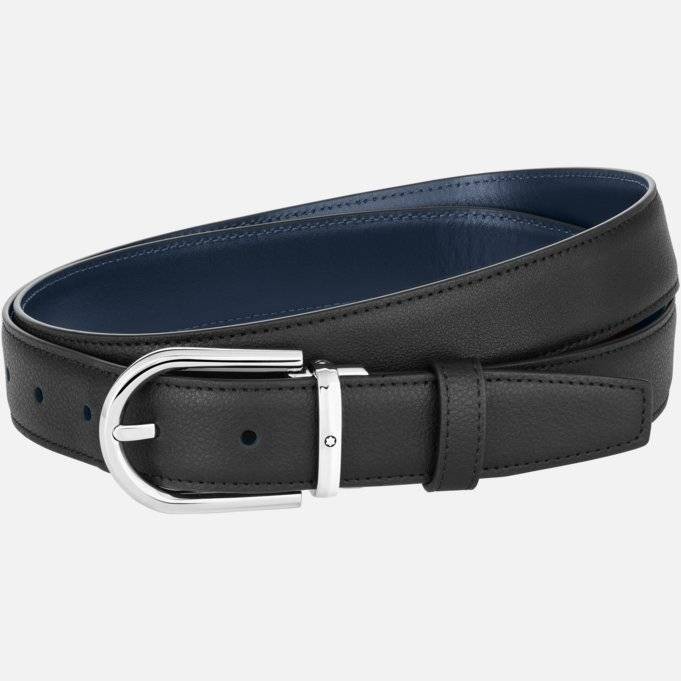 Montblanc Belt Buckle Horseshoe 128756 Reversible Leather Black Blue Belt