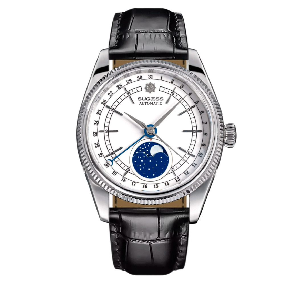 Sugess S452 Automatic Steel Black Leather White Moonphase Men’s Watch
