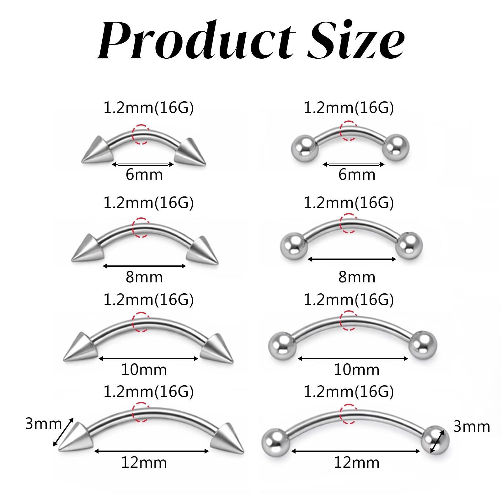 HaiFafafaing 16 Pcs Eyebrow Piercing 6mm, 8mm, 10mm, 12mm, Steel Color