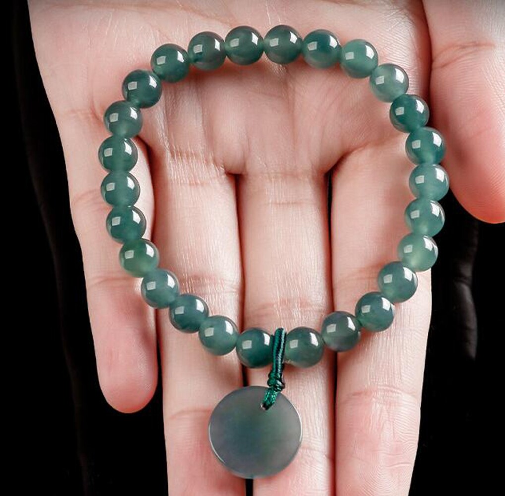 Certified Green Natural Burma A Jade jadeite 6mm Round Beads 无事牌 Couple Bracelet