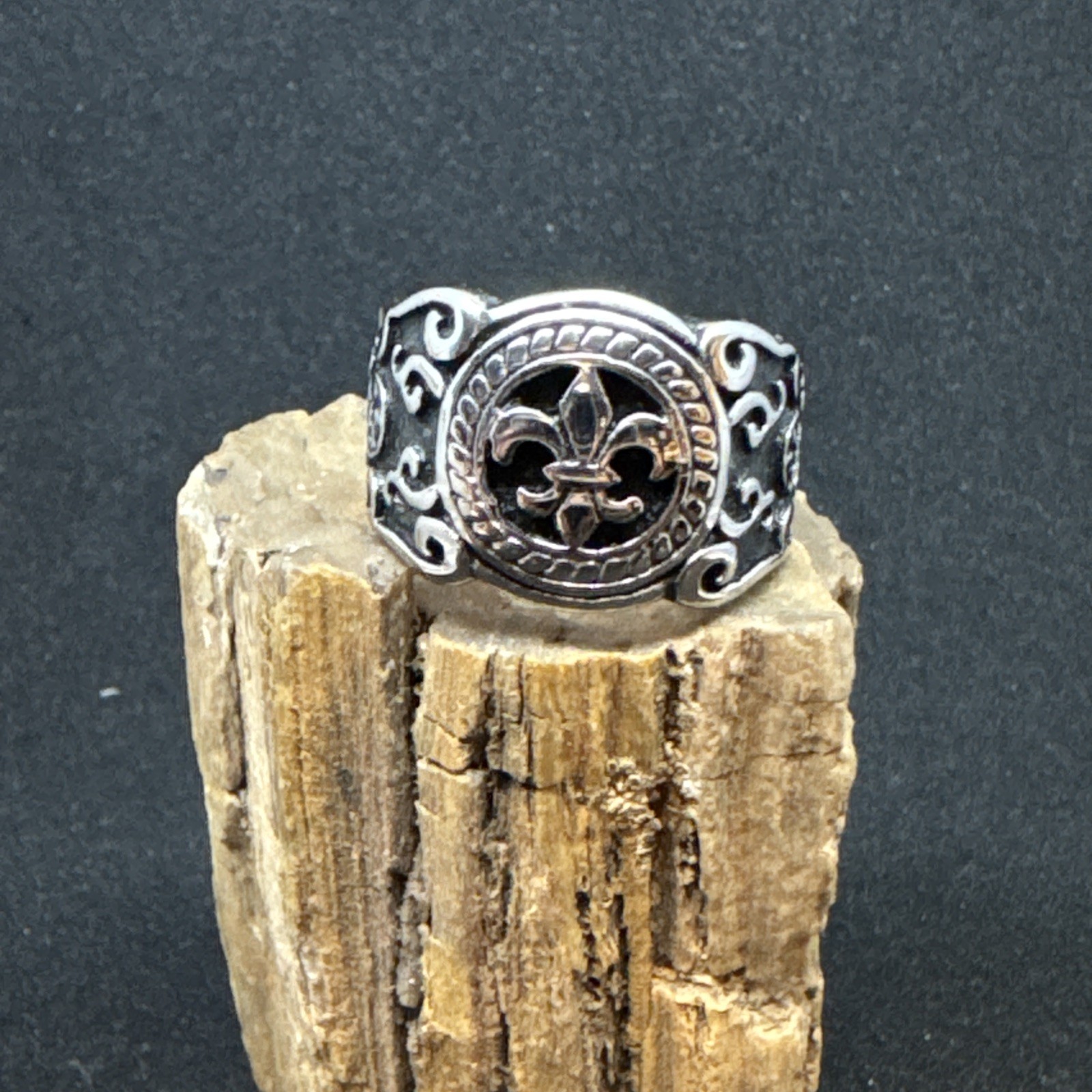 Fleur de Lis Stainless Steel Ring 24mm Face Width 5mm Band Oxidized & Polish