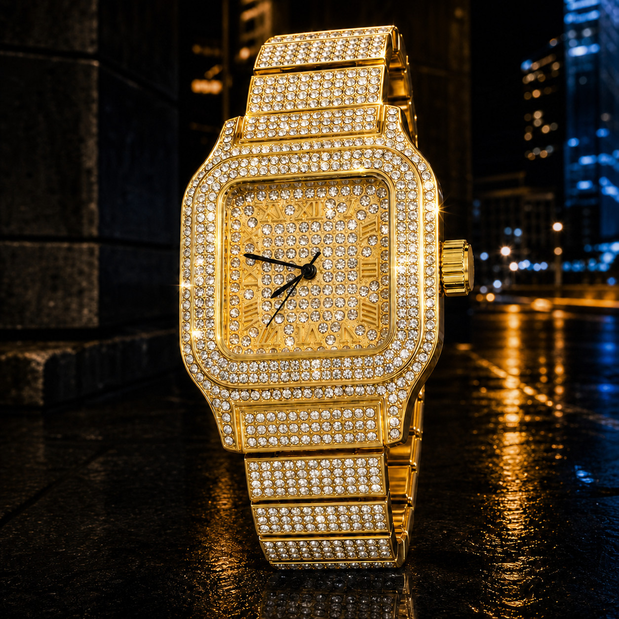 Iced Out CZ Gold Plated Square Hip Hop Bling Watch Metal Band Japanese Quartz