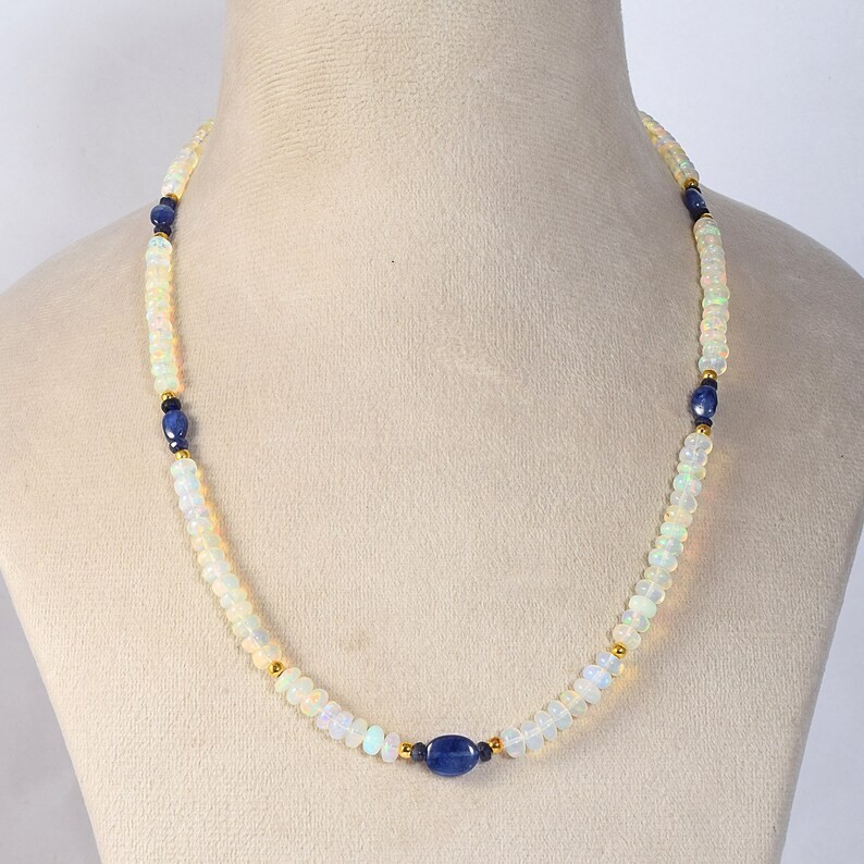 Natural Welo Fire Opal Blue Sapphire Beaded Necklace 925 Silver 18 in Handmade