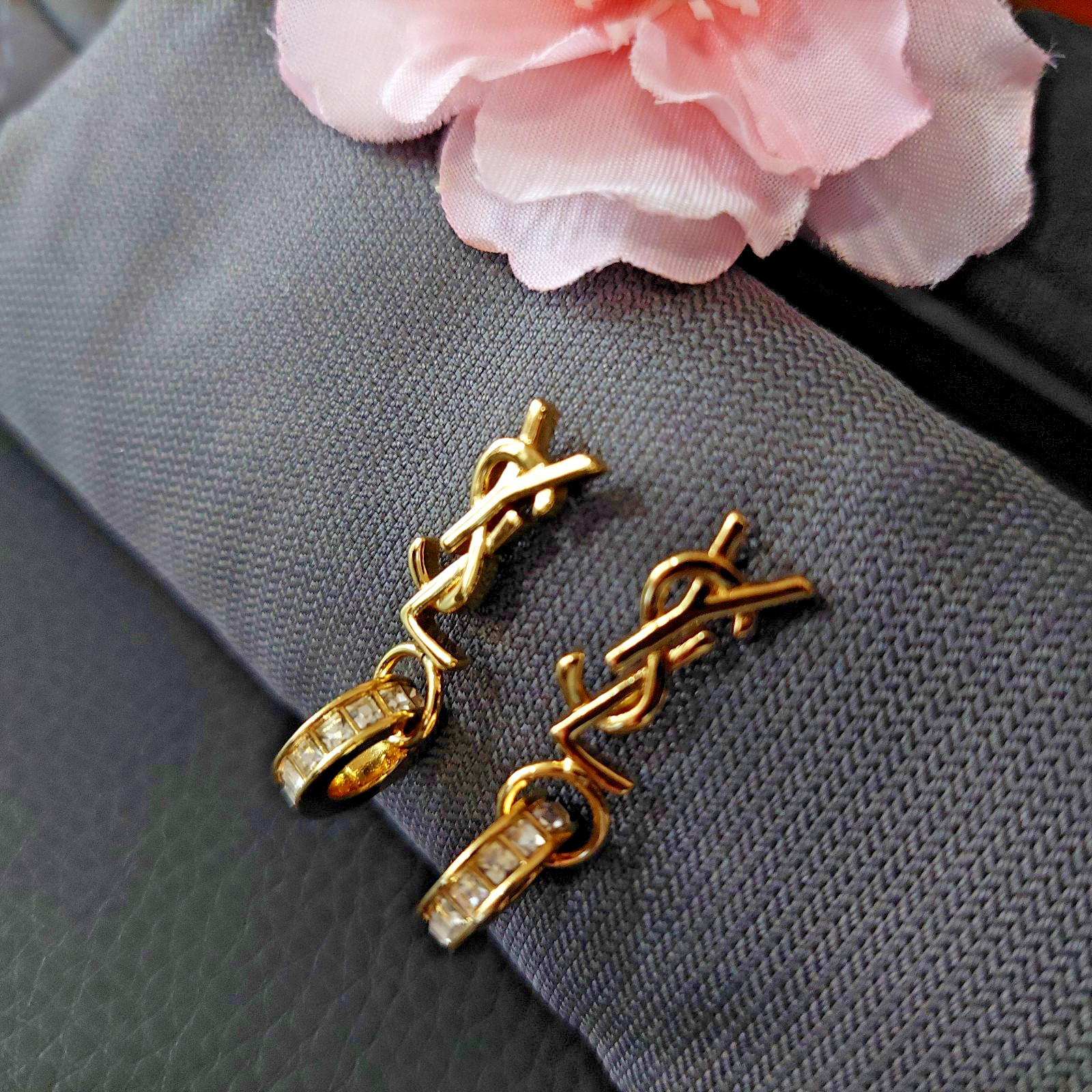 Auth. YVES SAINT LAURENT YSL LOGO Stud CRYSTAL Ring Drop EARRINGS Gold Tone