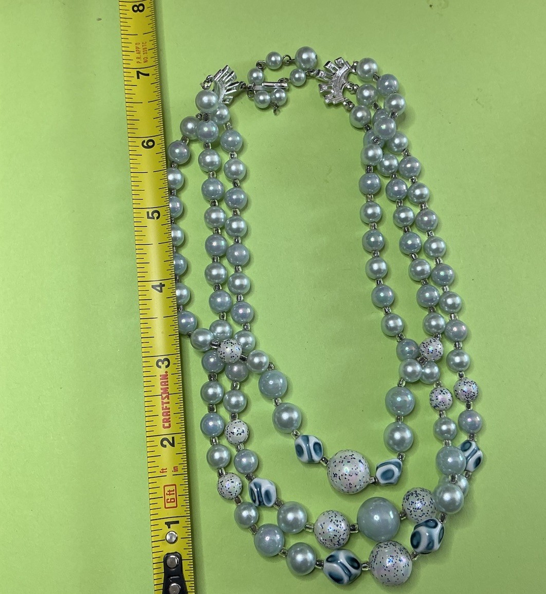 Gray Blue beads Multi Strand Beaded Necklace Glass Beads Silver Tone Hook