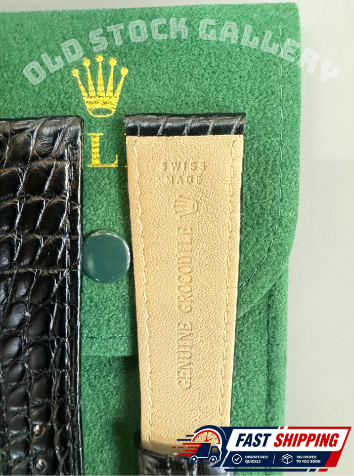💎ROLEX Black Leather Crocodile Band 20/16mm With Rolex Crown Buckle Gold NOS