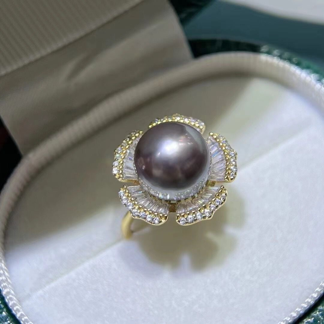 stunning 11-12mm tahitian rund black pearl ring 925s(tim)