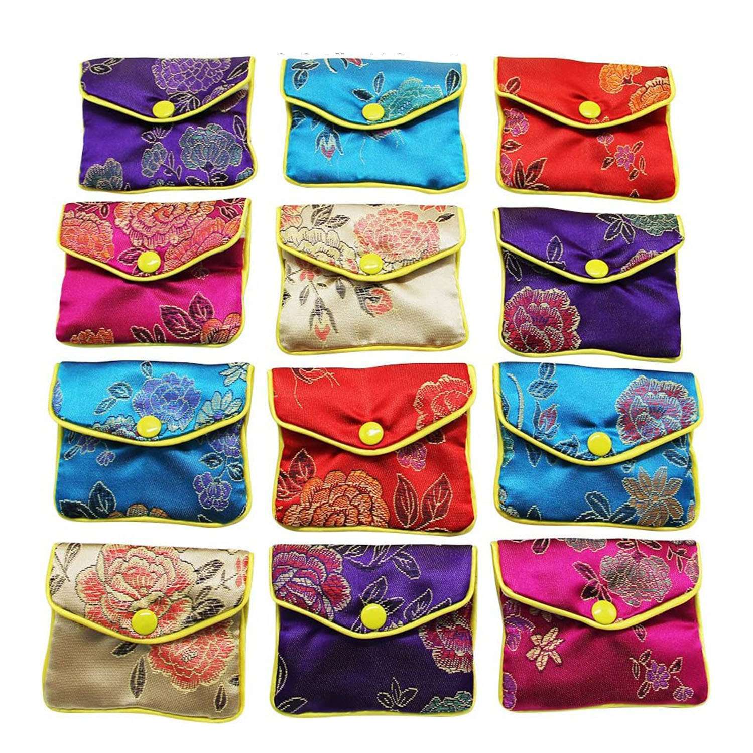 12 Fancy Silk Chinese Jewelry Purse Pouches with Zipper Gift Bag Pouch 3″ x 3.9″