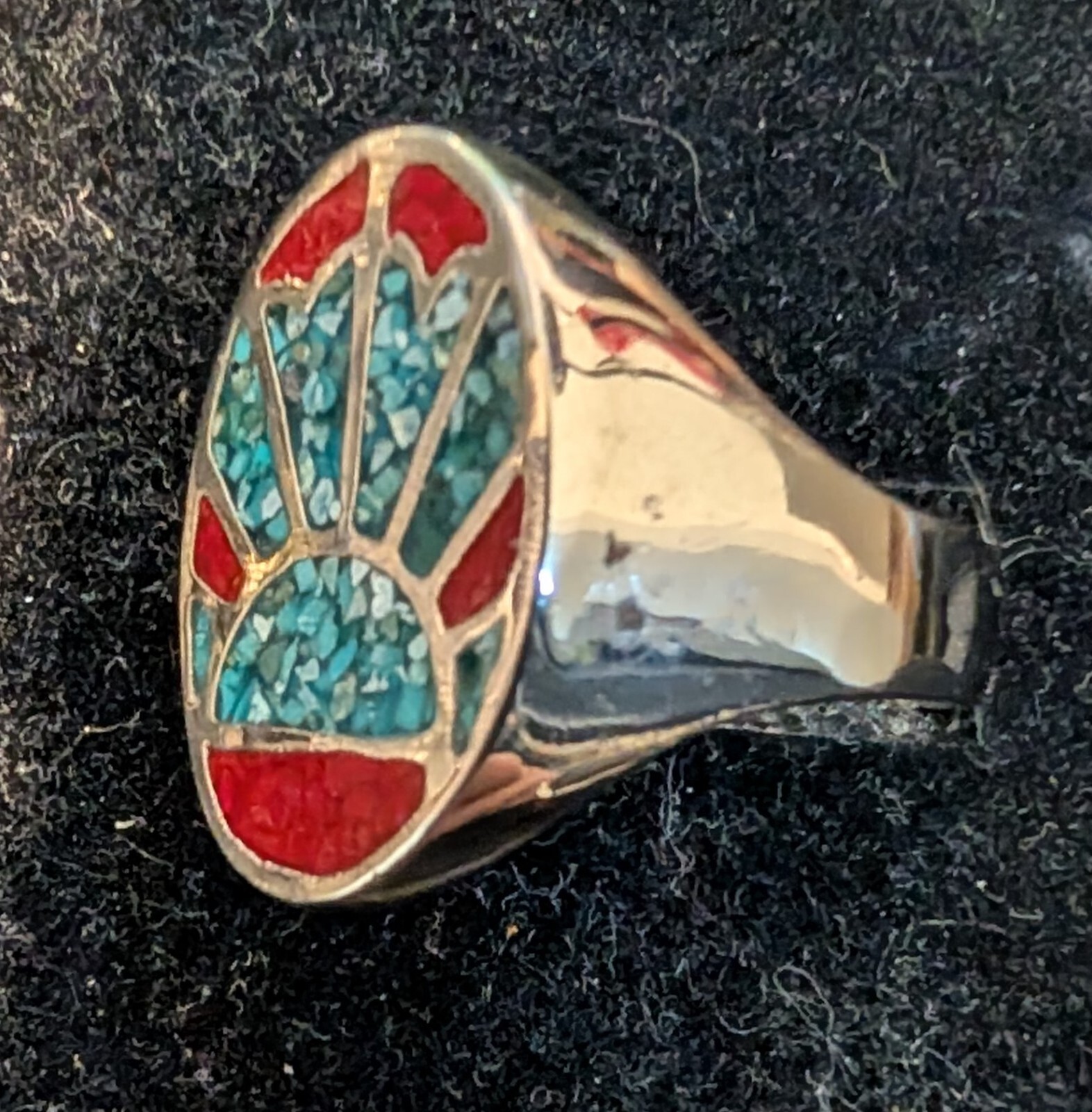 Vintage Turq. & Coral Sunrise Nickle Silver Men’s Rings Size 10 Resin Filled