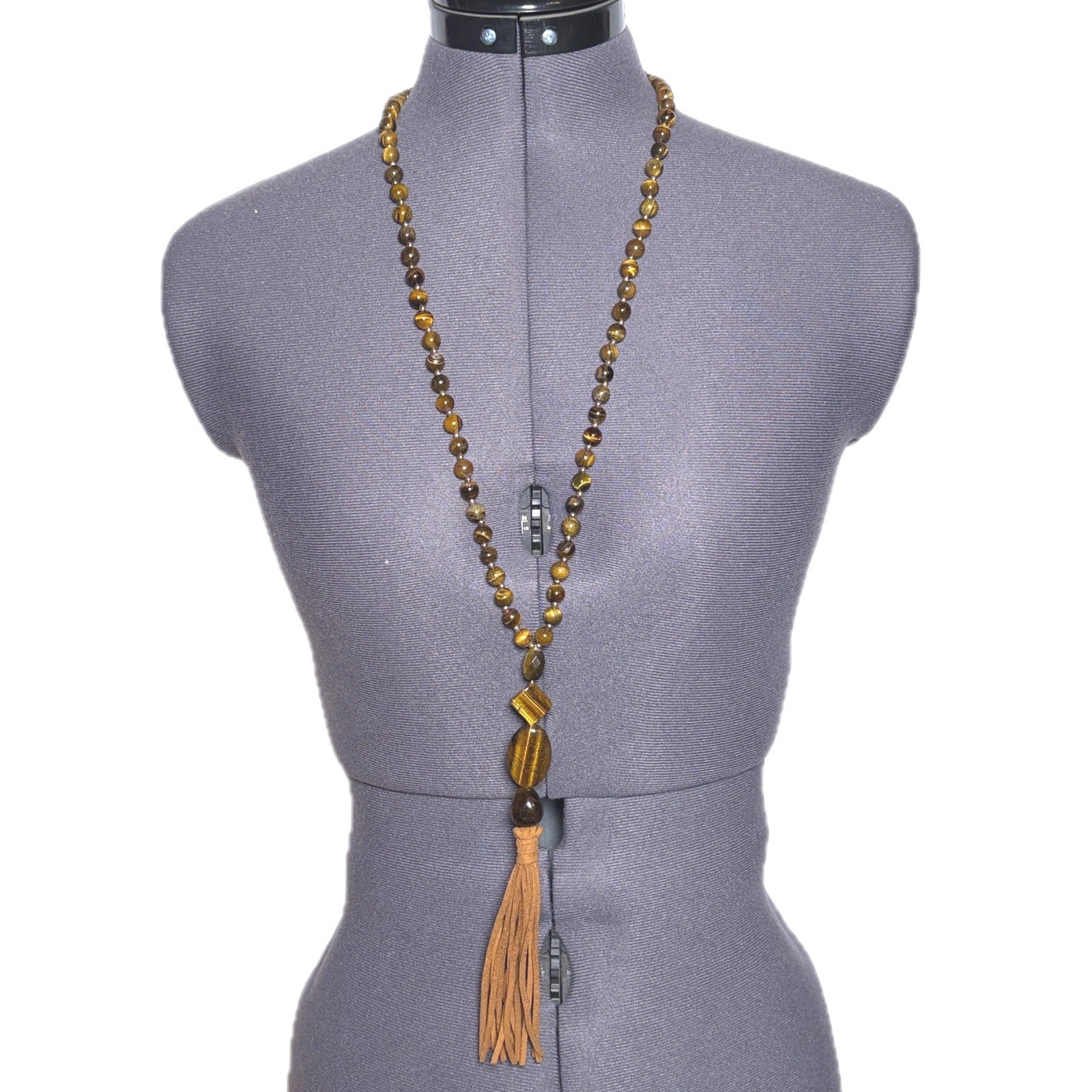 Chicos Fringe Tassel Necklace Boho Tigers Eye Brown 30in L 8in Dangle OS