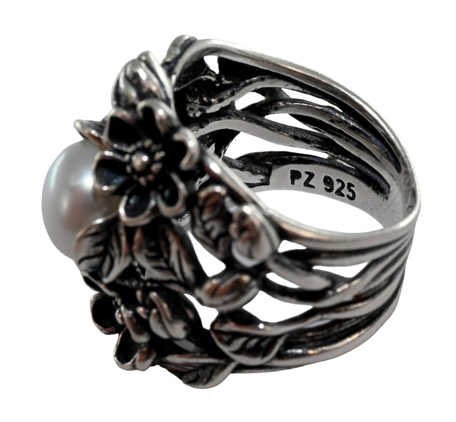 Paz Creations PZ Israel Solid 925 Sterling Silver Floral Pearl Ring! Size: 5.5!