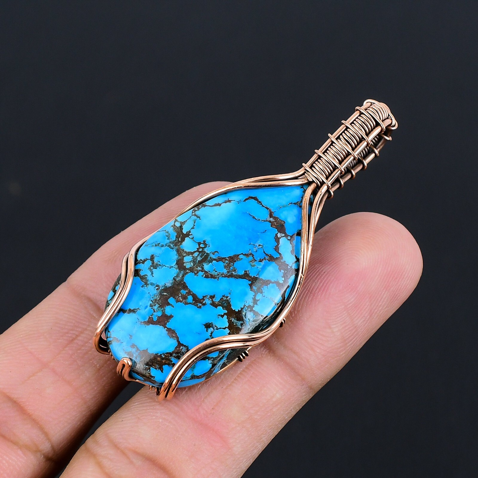 Blue Turquoise Gemstone Copper Wire Wrapped Women Gift Pendant Jewelry LC-318
