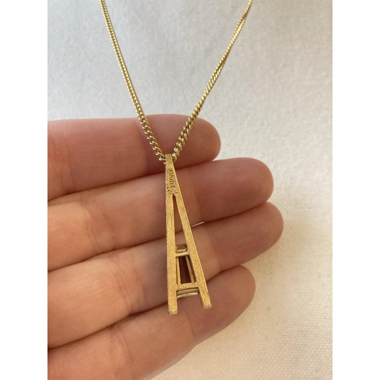 Vintage Avon Modernist Gold Tone Pendant Necklace Faux Amethyst 1970’s