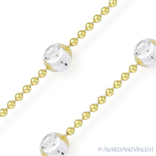 Moon Cut Ball Bead Link Italy 925 Sterling Silver 14k Yellow Gold Chain Necklace