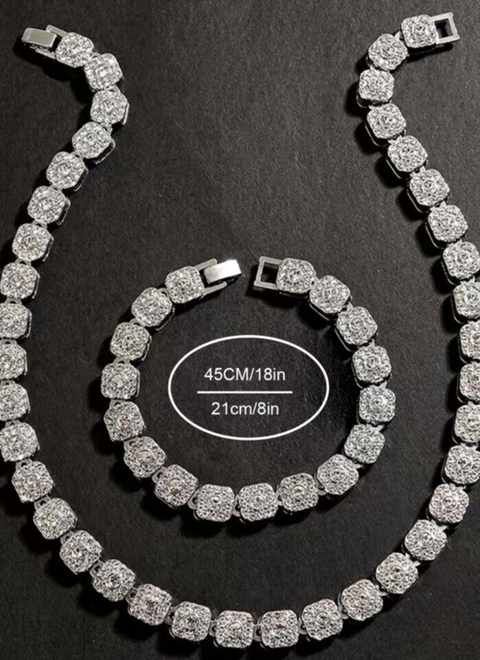 Fashion Women Men Miami Hip Hop Style Rhinestone Bracelet & Necklace Set 2 PCS